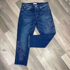 Loft Floral Embroidered Boyfriend Jeans Cropped Raw Hem Blue 4 27
